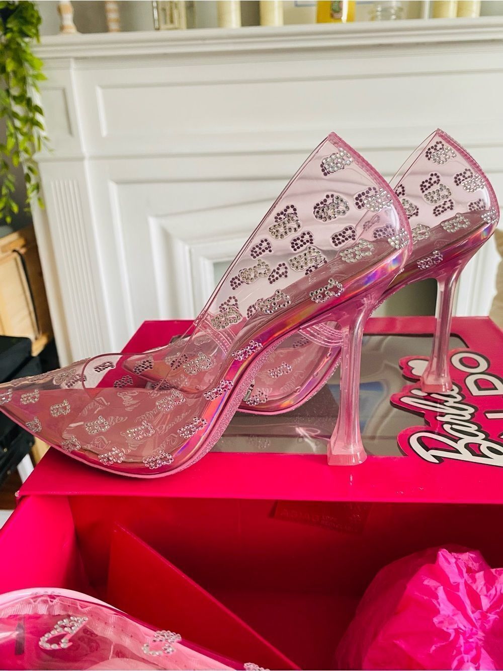 🛍️ALDO Barbie Pink Clear Pointed-Toe  Heels with Rhinestones NWT